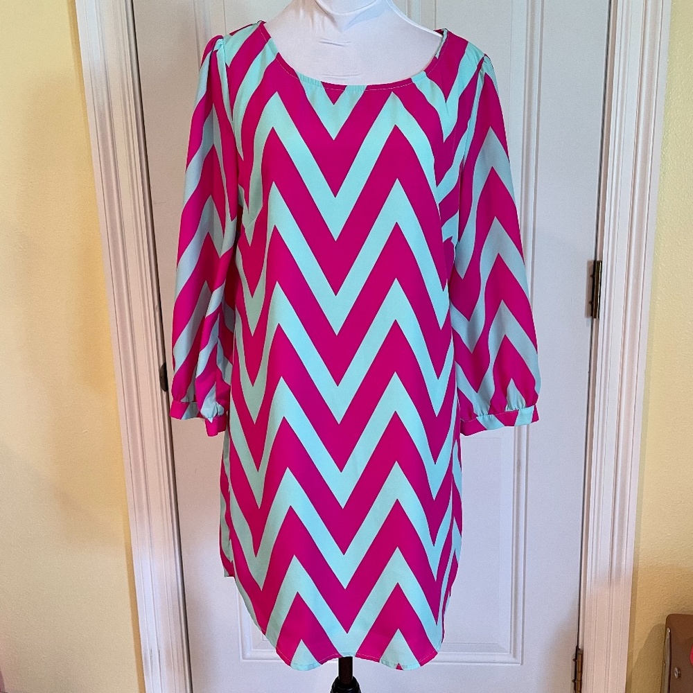 Blue and Pink Chevron Balloon Sleeve Lined Dress